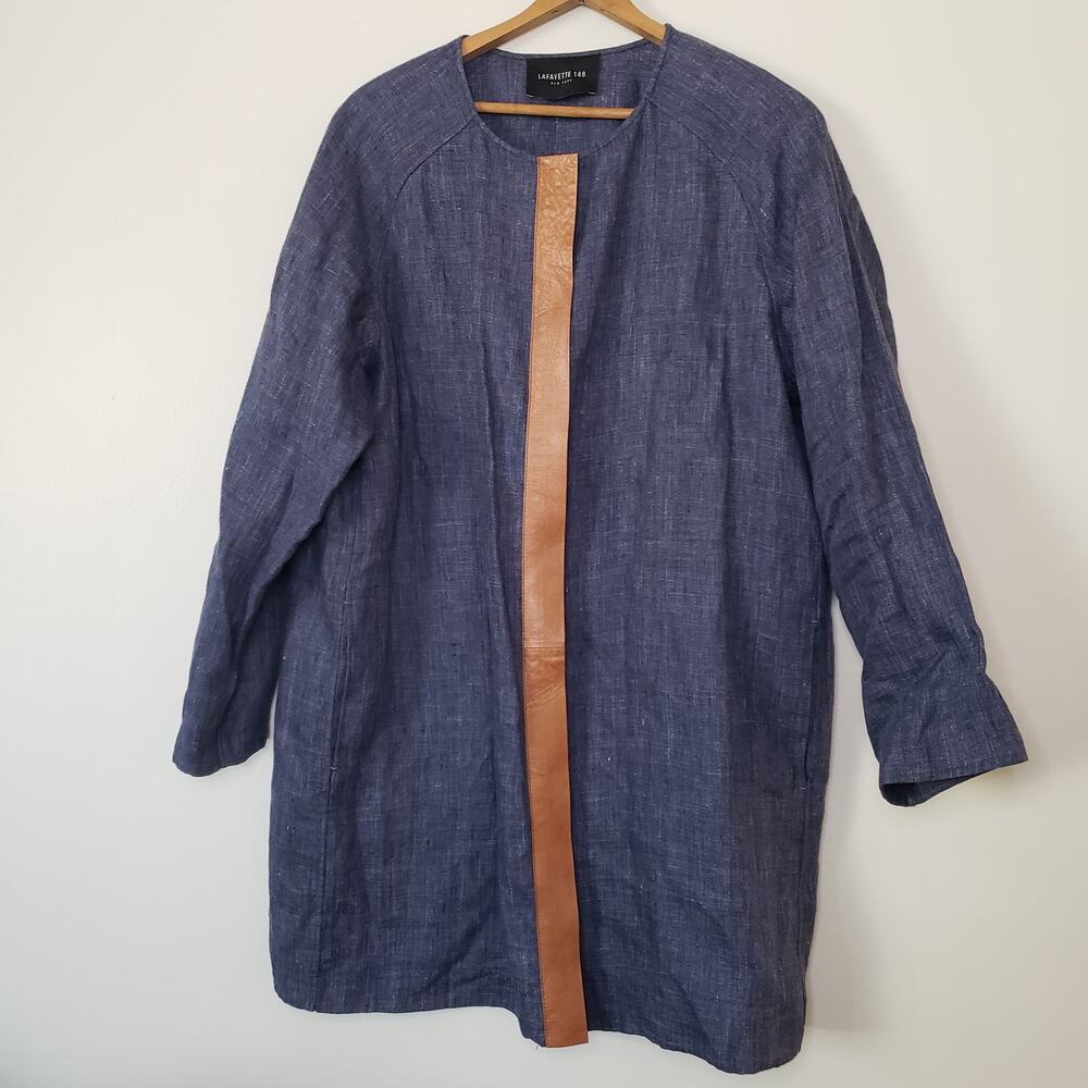 Lafayette 148 New York Denim Linen Leather Zip-up Shacket Navy Blue Brown Large